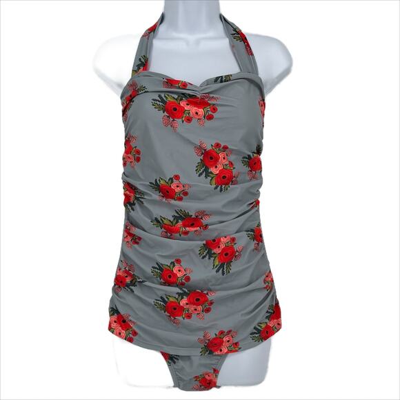 Halter Neck One Piece Swimsuit with Rose Print in Grey and Red Size Large - Picture 3 of 5